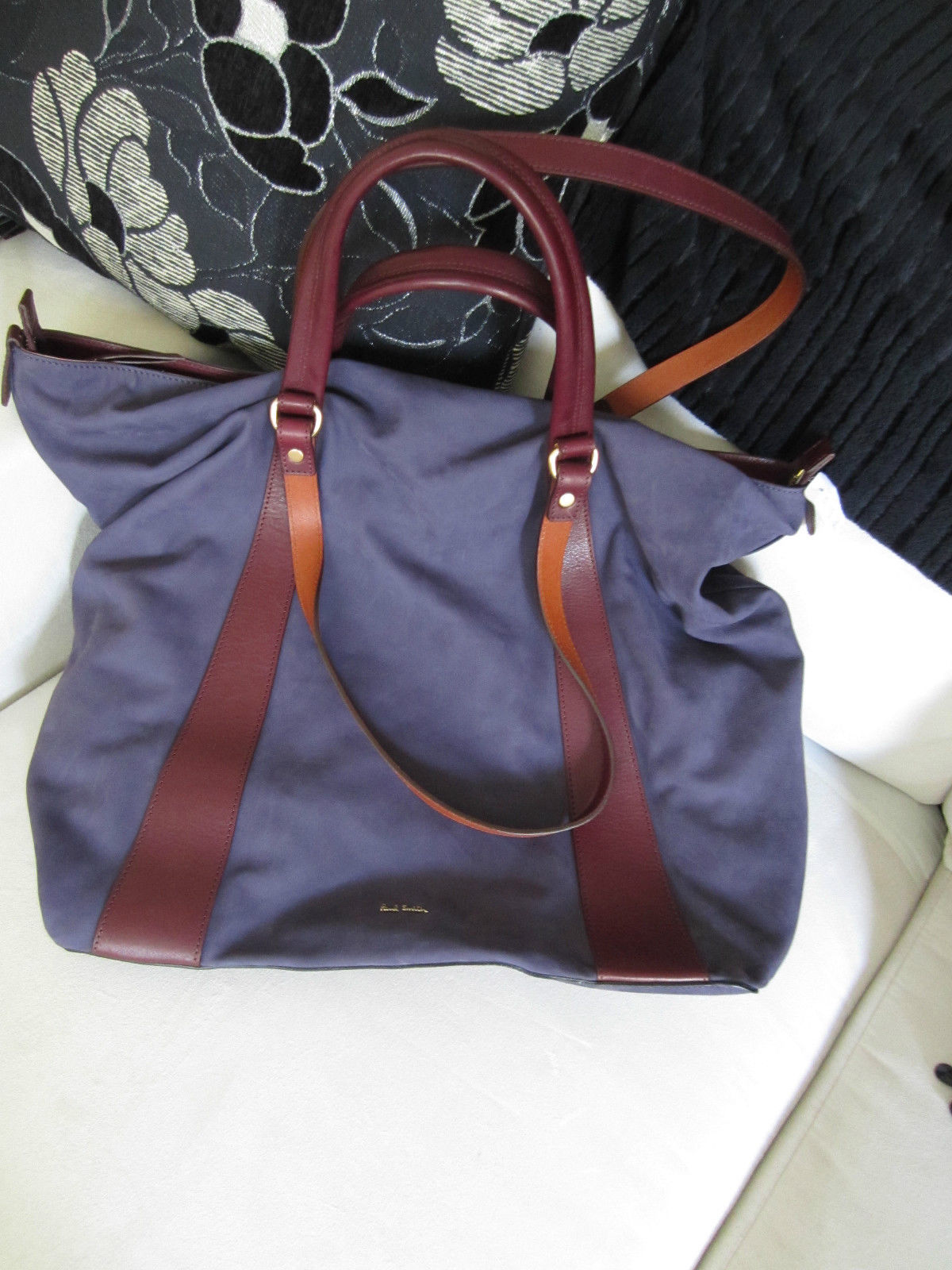 Paul Smith Ladies Blue Suede Large Tote bag with burgundy tan leather ...
